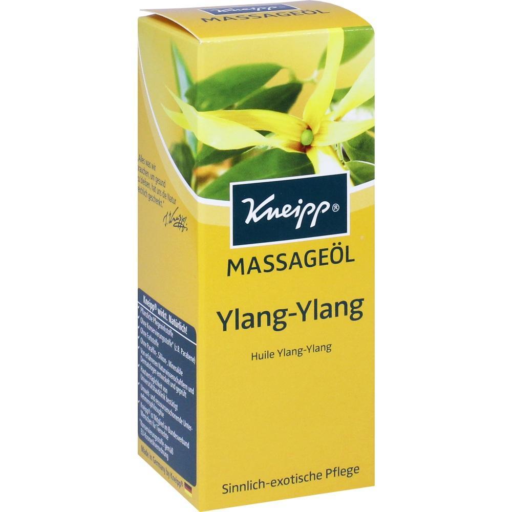 Gelbe Verpackung von Kneipp Ylang-Ylang Massage&ouml;l mit Bl&uuml;tenbild.