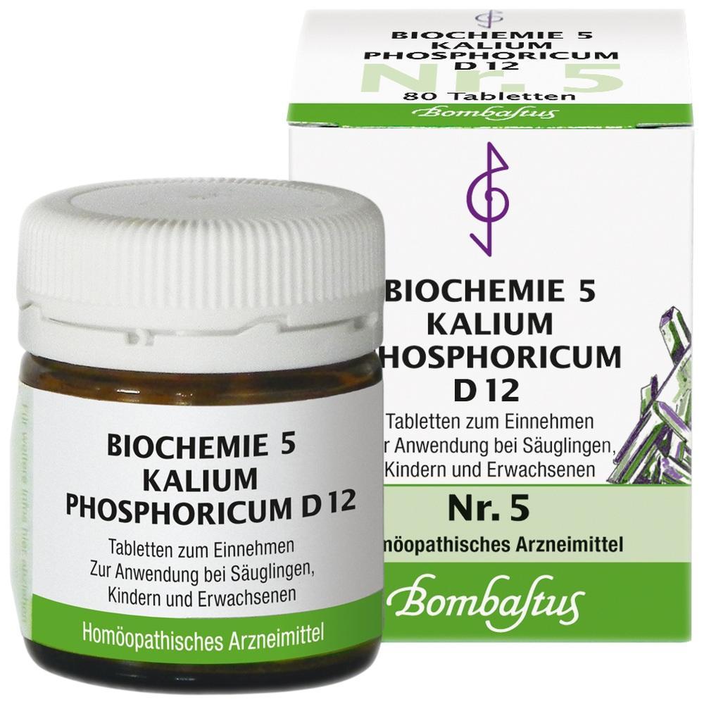 Braunglasflasche und Karton mit homöopathischen Kalium-Phosphoricum-Tabletten.