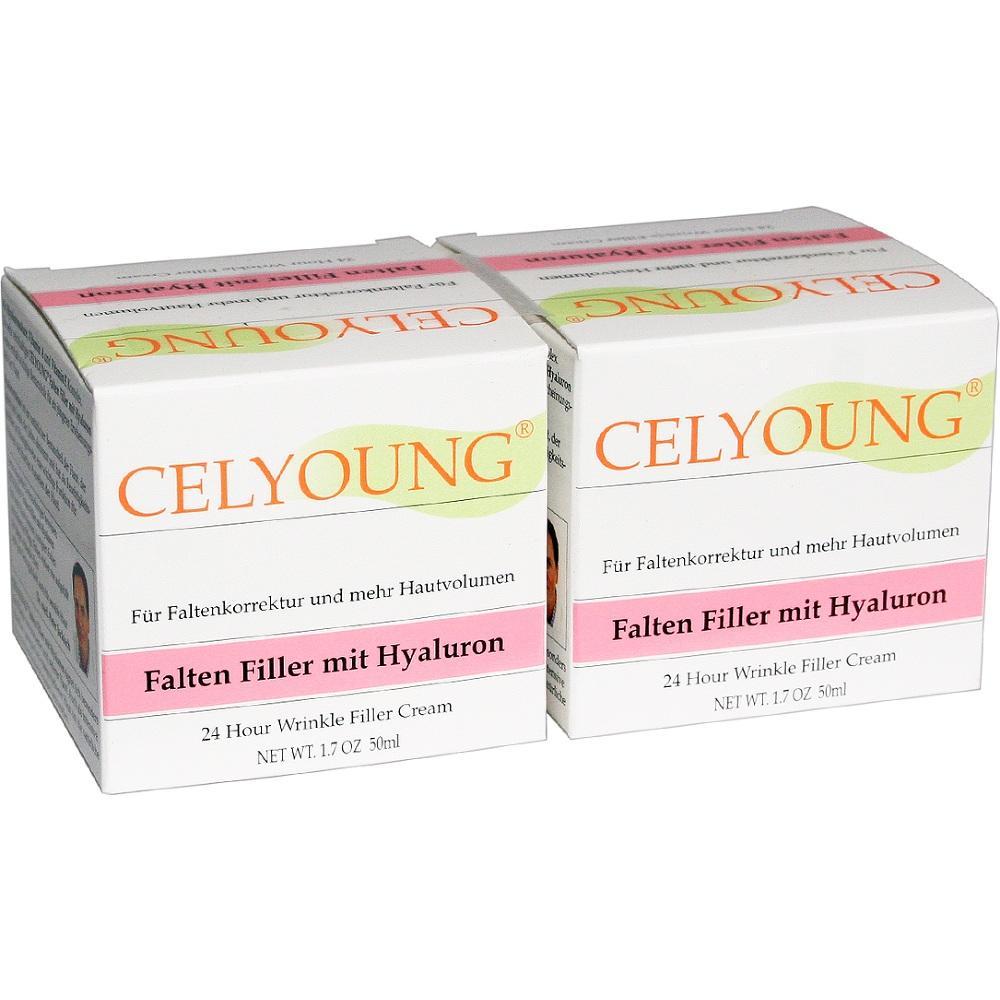 Zwei Kartons mit Celyoung Falten Filler mit Hyaluron Creme.