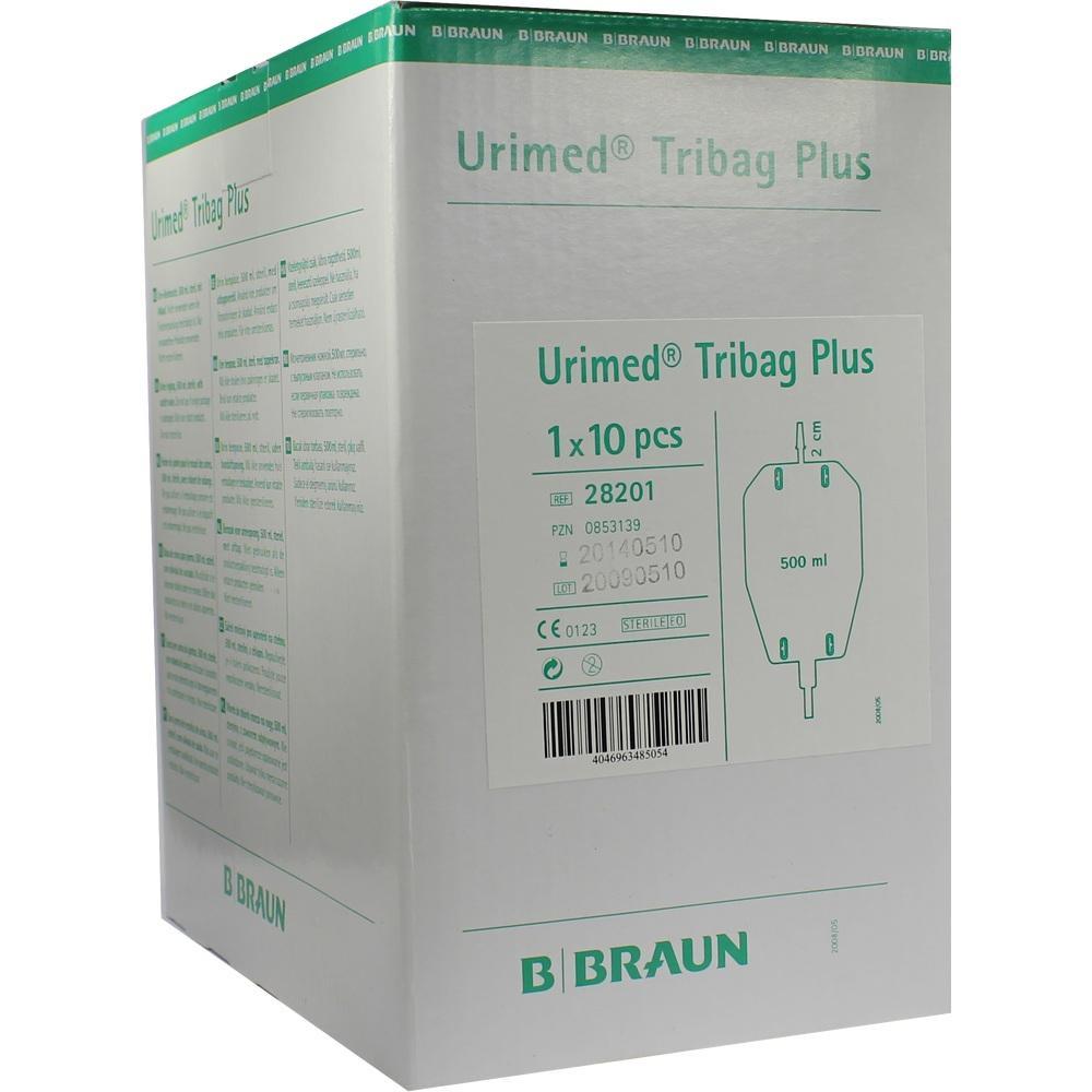 Gro&szlig;e, wei&szlig;e Verpackung mit gr&uuml;ner Aufschrift "Urimed Tribag Plus" von B. Braun.