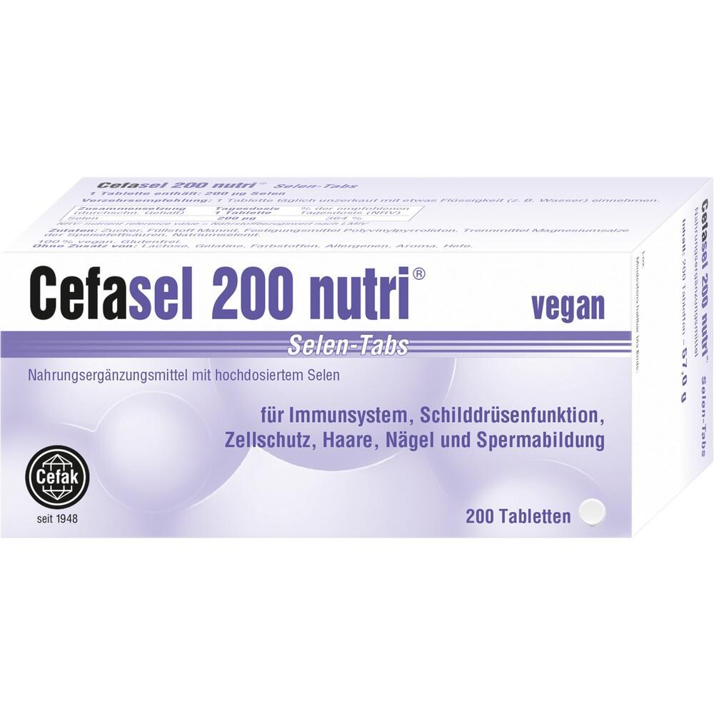 Verpackung von Cefasel 200 nutri Selen-Tabletten, vegan und für verschiedene Körperfunktionen.