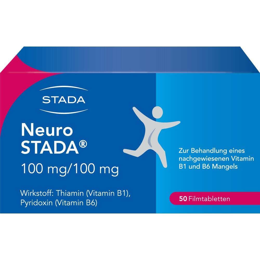 Verpackung von Neuro Stada mit 50 Tabletten für Vitamin-B1- und B6-Mangel.