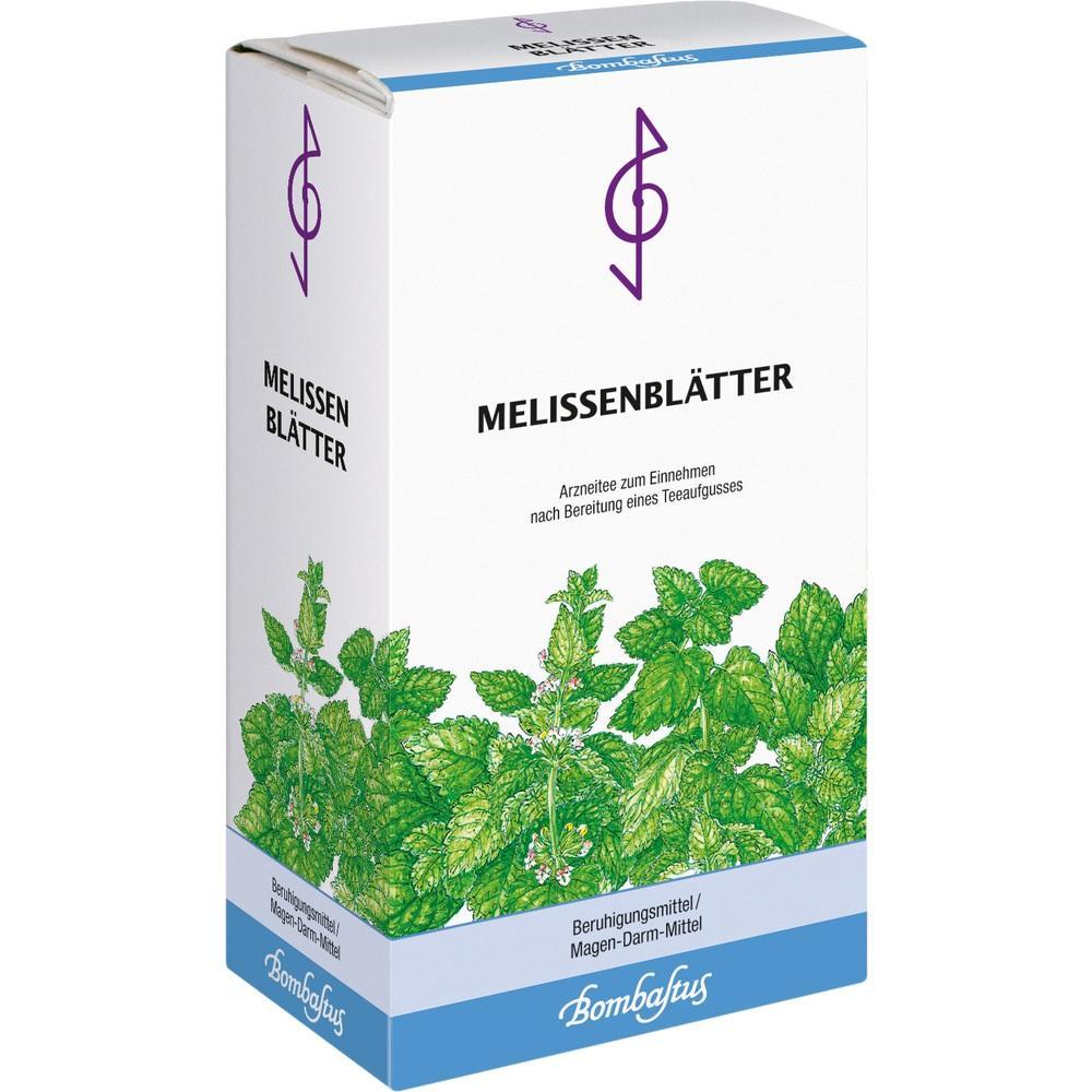 Eine Packung mit dem Aufdruck "Melissenblätter" und einem Bild von grünen Blättern.