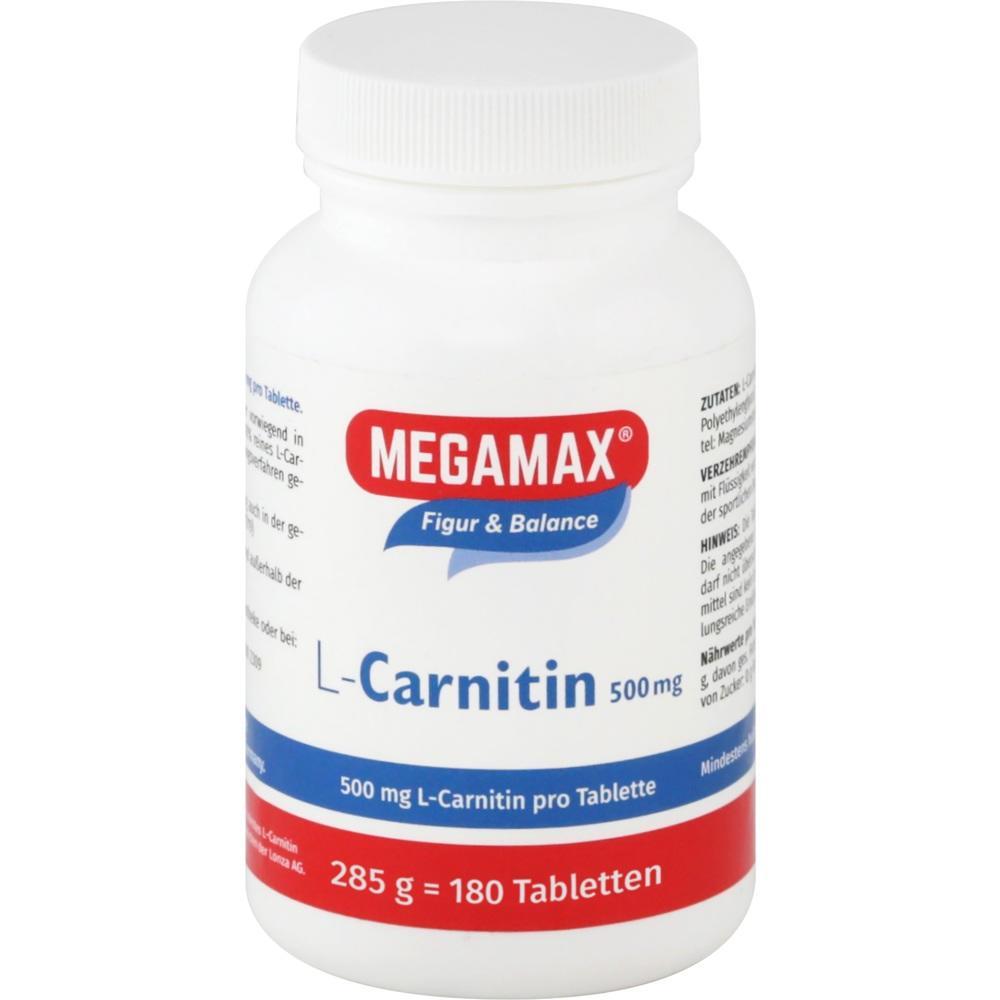 Weiße Flasche mit der Aufschrift "MEGAMAX L-Carnitin 500 mg", enthält 180 Tabletten.