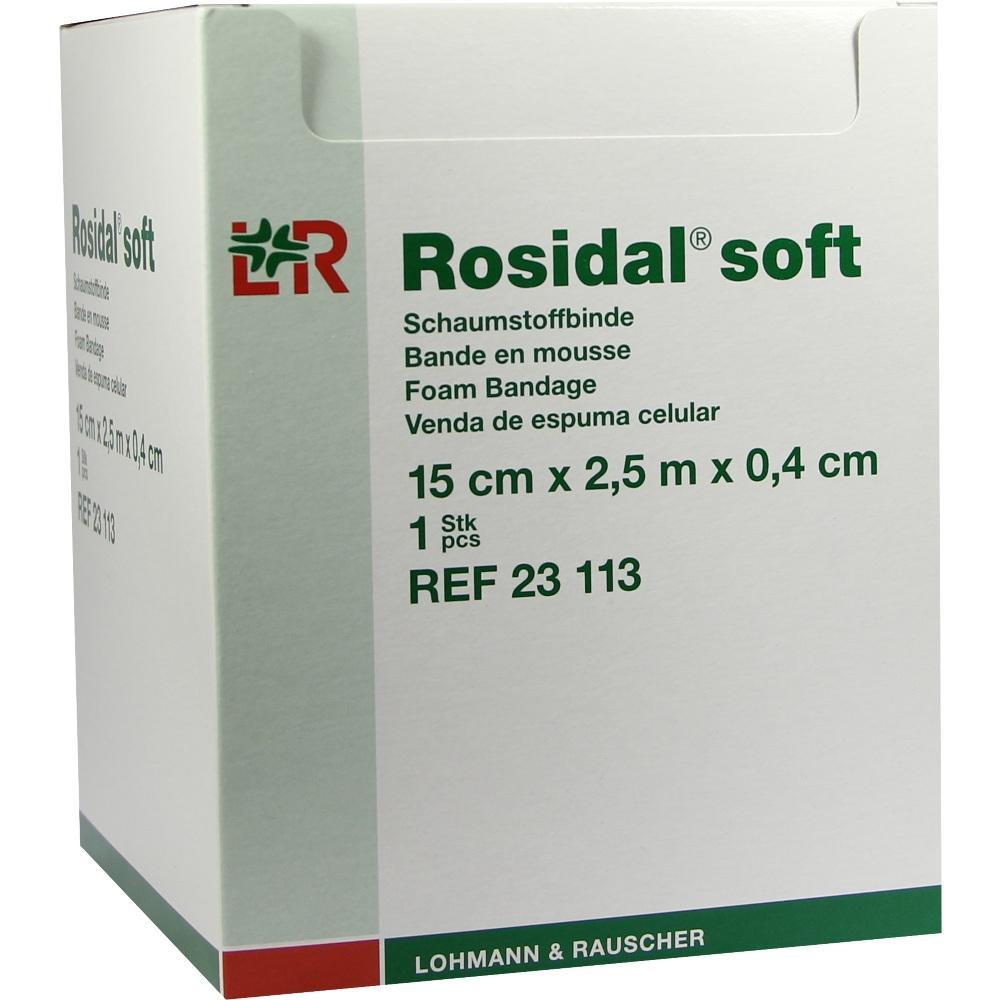 Eine Schachtel mit einer Rosidal Soft Schaumstoffbinde von Lohmann & Rauscher.