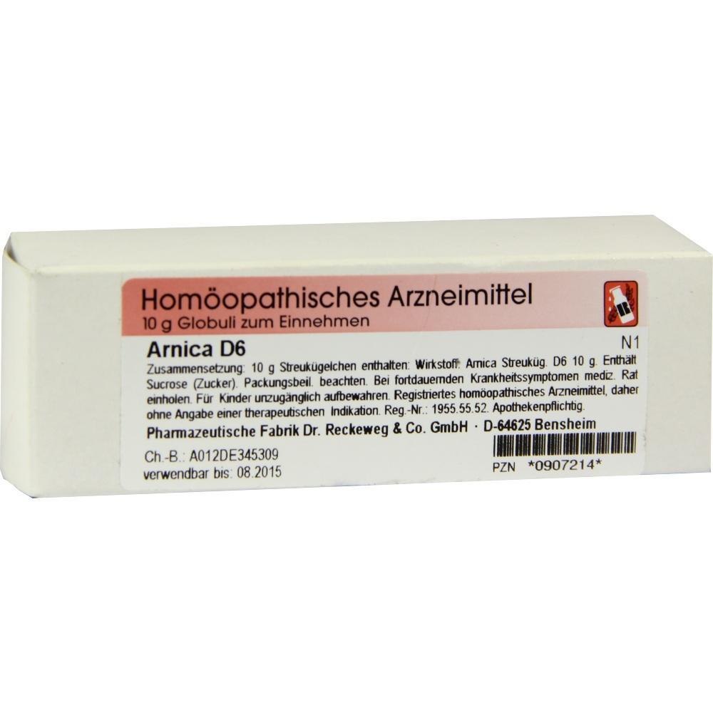 Eine weiße Verpackung von Arnica D6 Globuli, einem homöopathischen Arzneimittel.