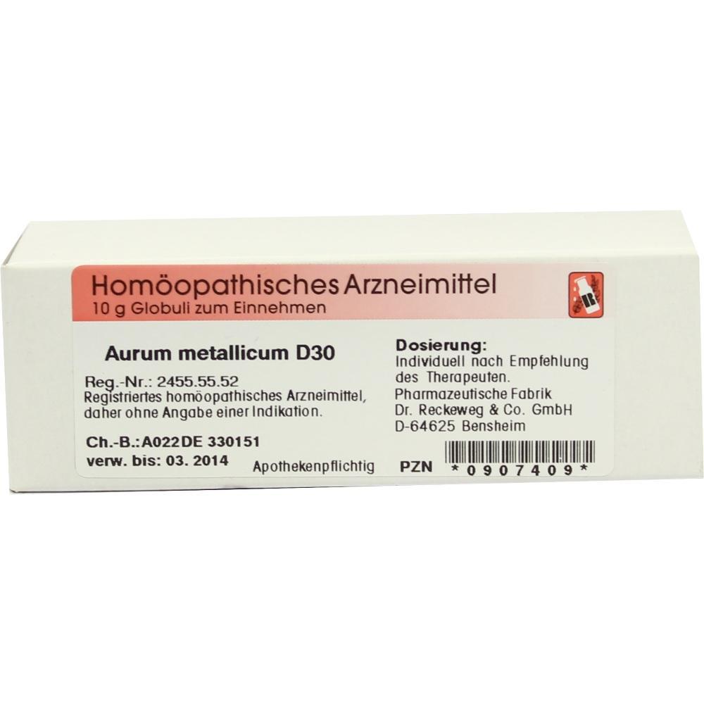 Die Verpackung zeigt ein homöopathisches Arzneimittel namens Aurum metallicum D30.