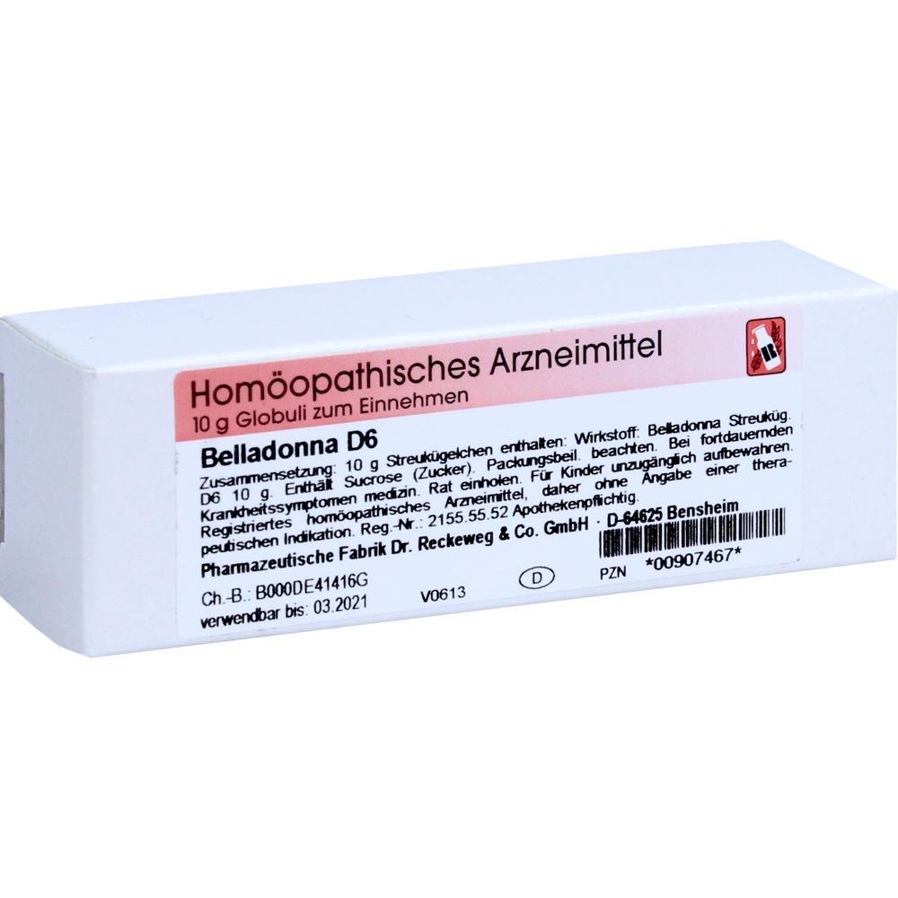 Schachtel mit homöopathischen Globuli Belladonna D6 von Dr. Reckeweg & Co. GmbH.