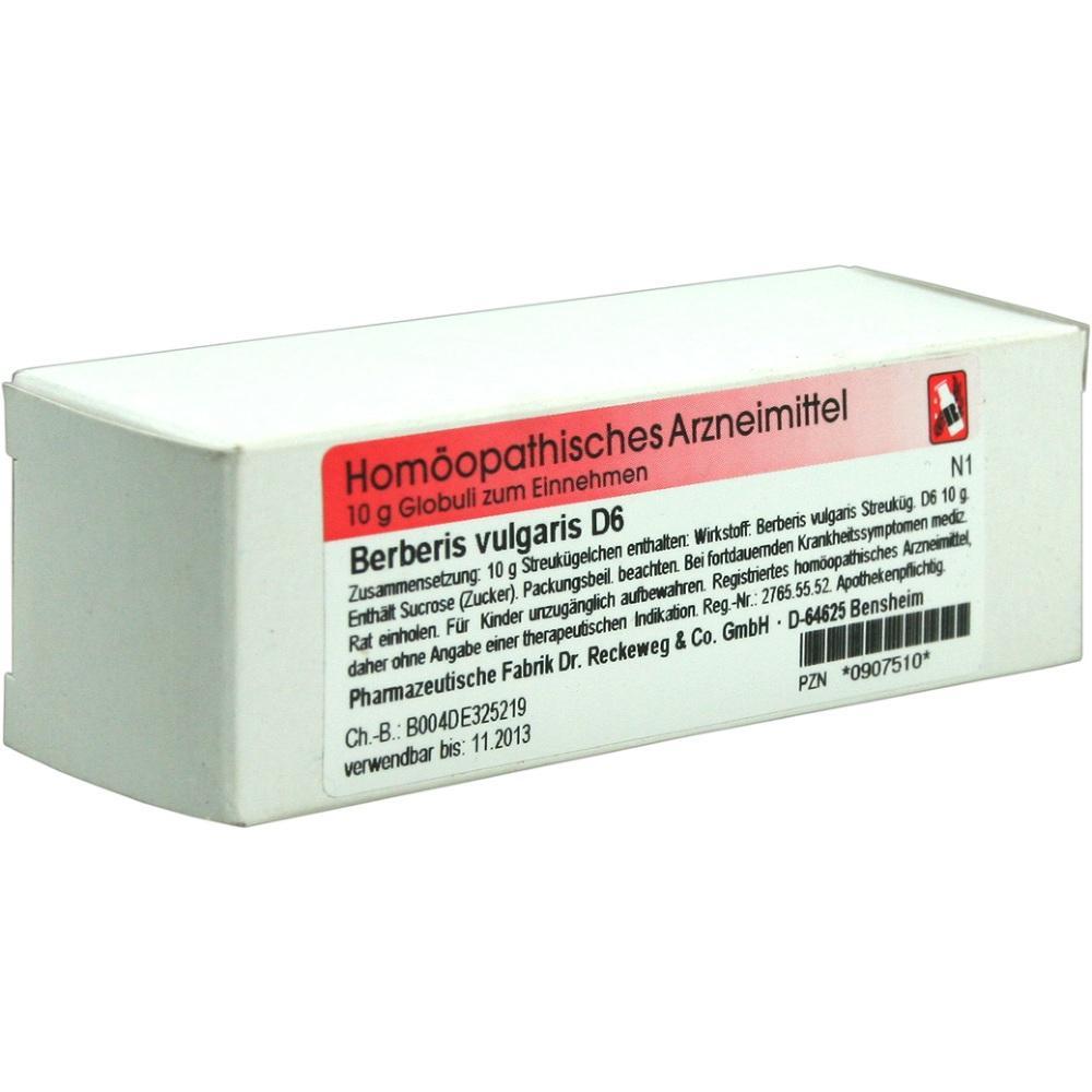 Eine weiße Packung homöopathischer Globuli mit rotem Etikett.