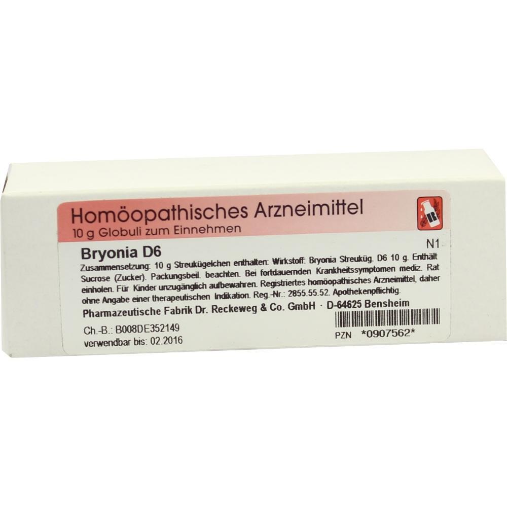 Schachtel mit homöopathischem Medikament Bryonia D6 in Globuli-Form.