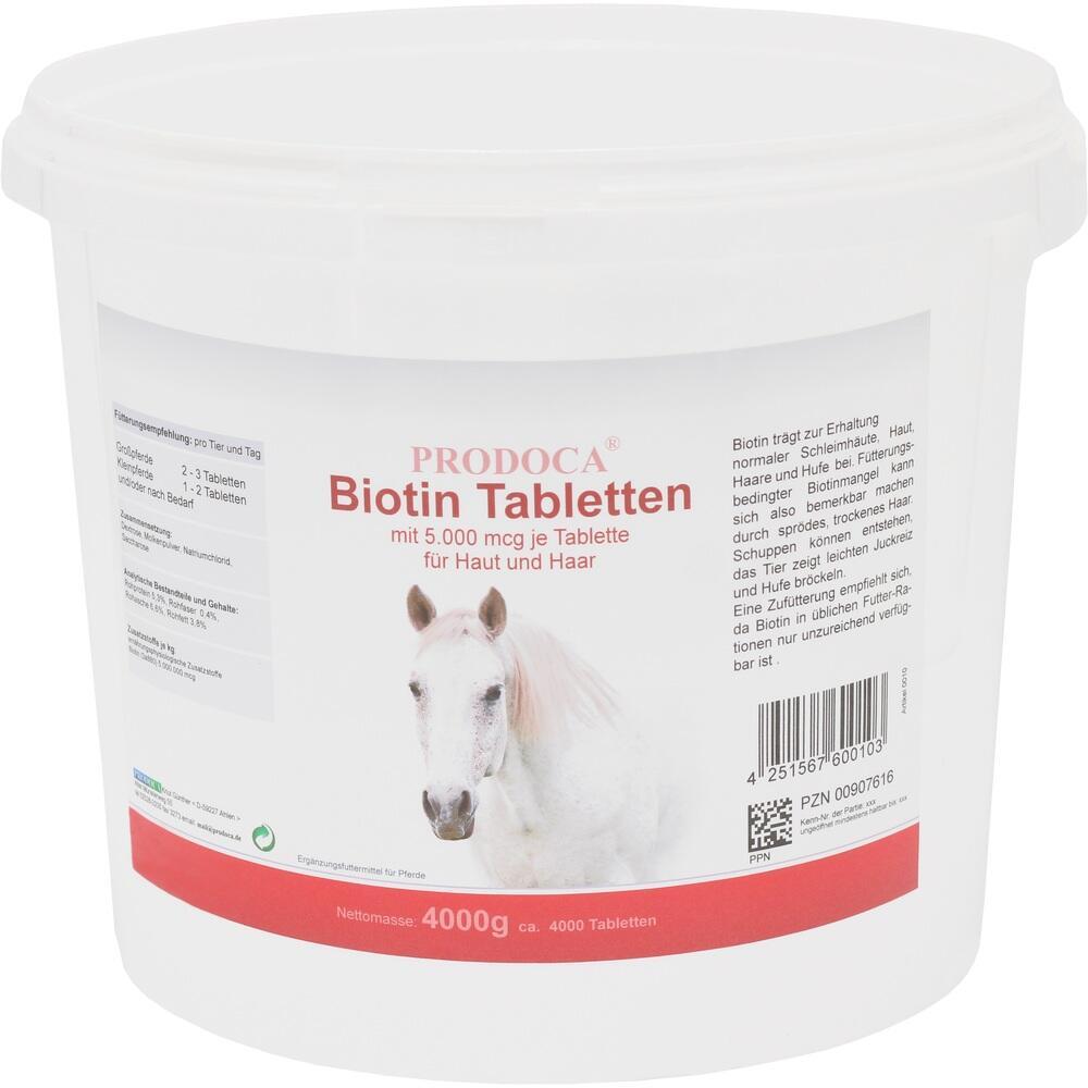 Ein wei&szlig;er Plastikbeh&auml;lter mit Biotin-Tabletten f&uuml;r Pferde ist abgebildet.