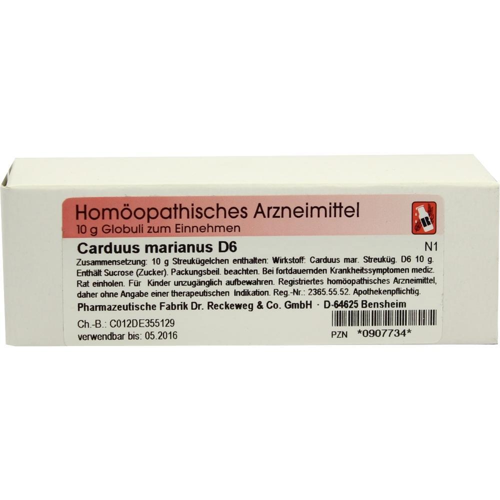 Weiße Schachtel für homöopathische Globuli Carduus marianus D6 zur Einnahme.