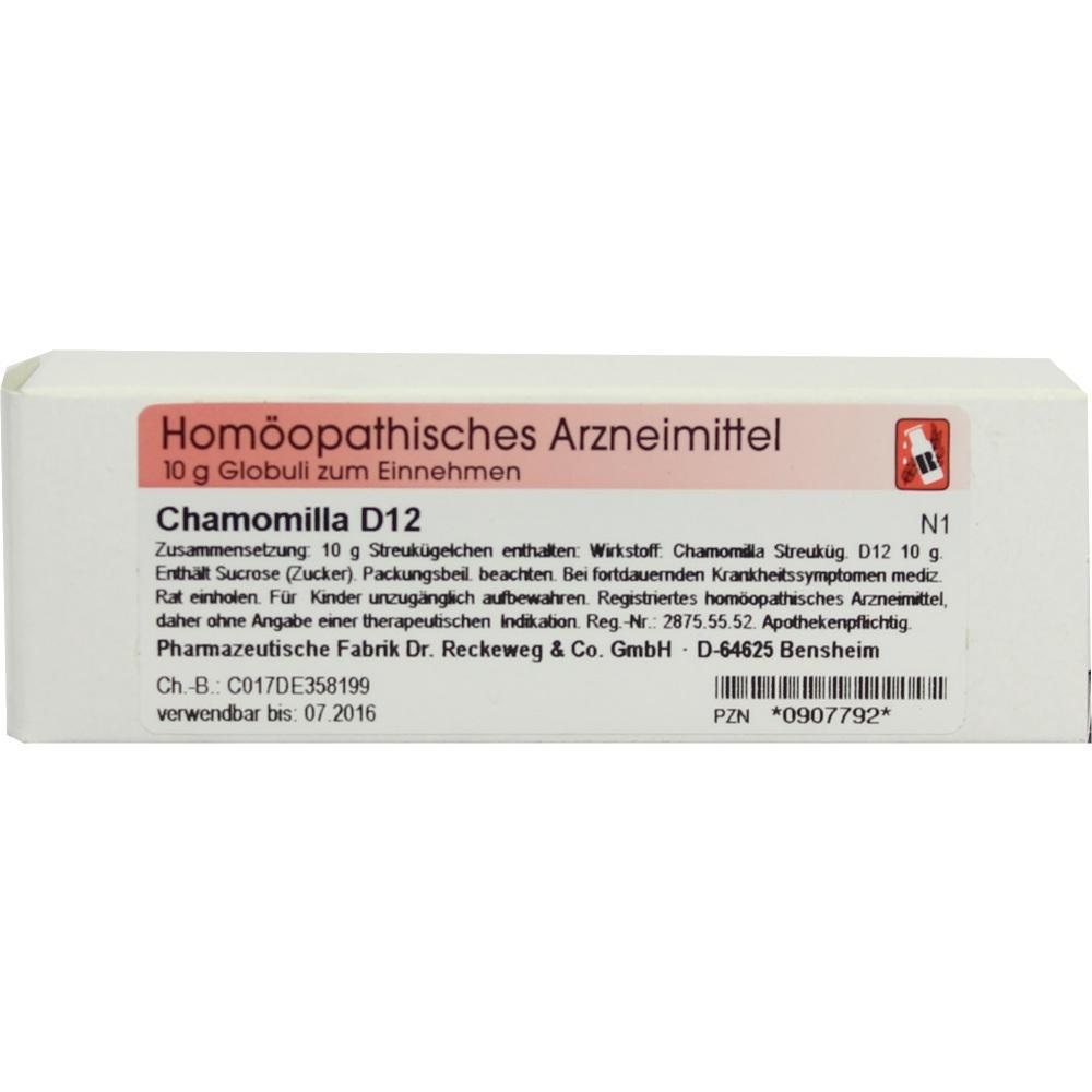 Packung eines homöopathischen Mittels mit der Aufschrift "Chamomilla D12".