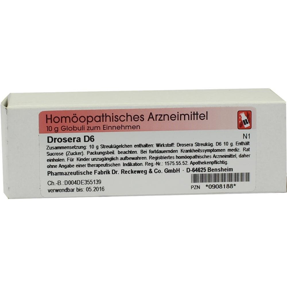 Verpackung eines homöopathischen Arzneimittels namens Drosera D6.