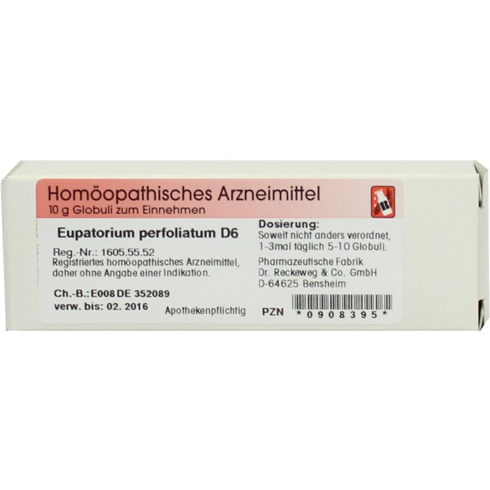 Eine Schachtel mit homöopathischen Globuli Eupatorium perfoliatum D6.