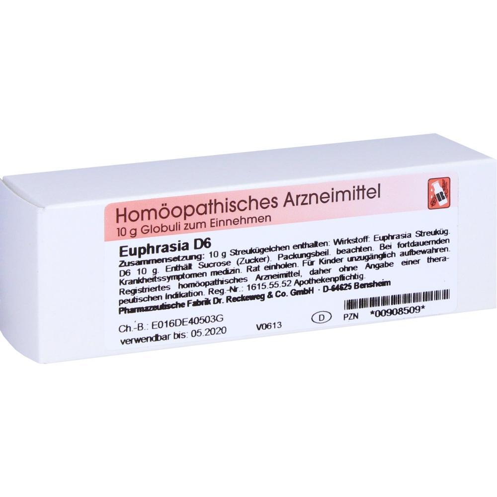 Weiße Verpackung eines homöopathischen Mittels mit Aufschrift "Euphrasia D6".