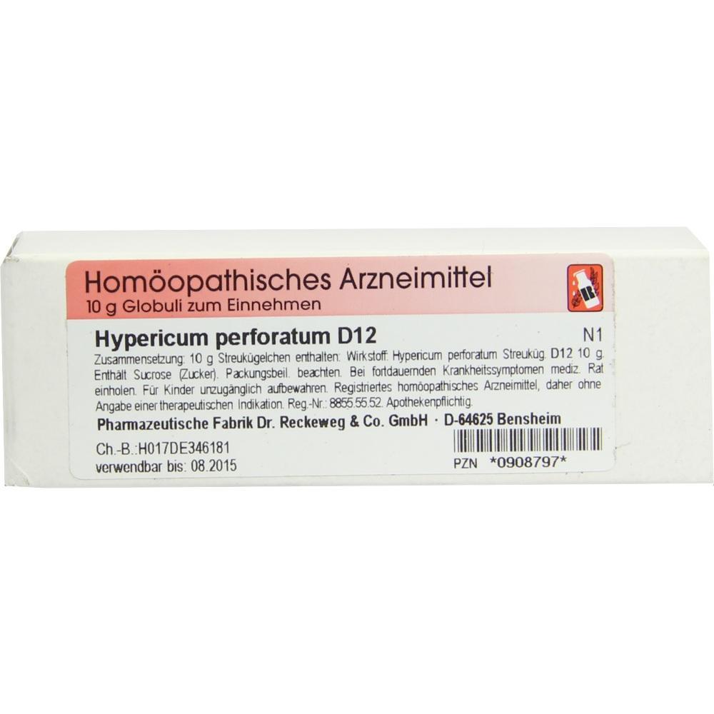 Weiße Verpackung mit dem homöopathischen Mittel "Hypericum perforatum D12".