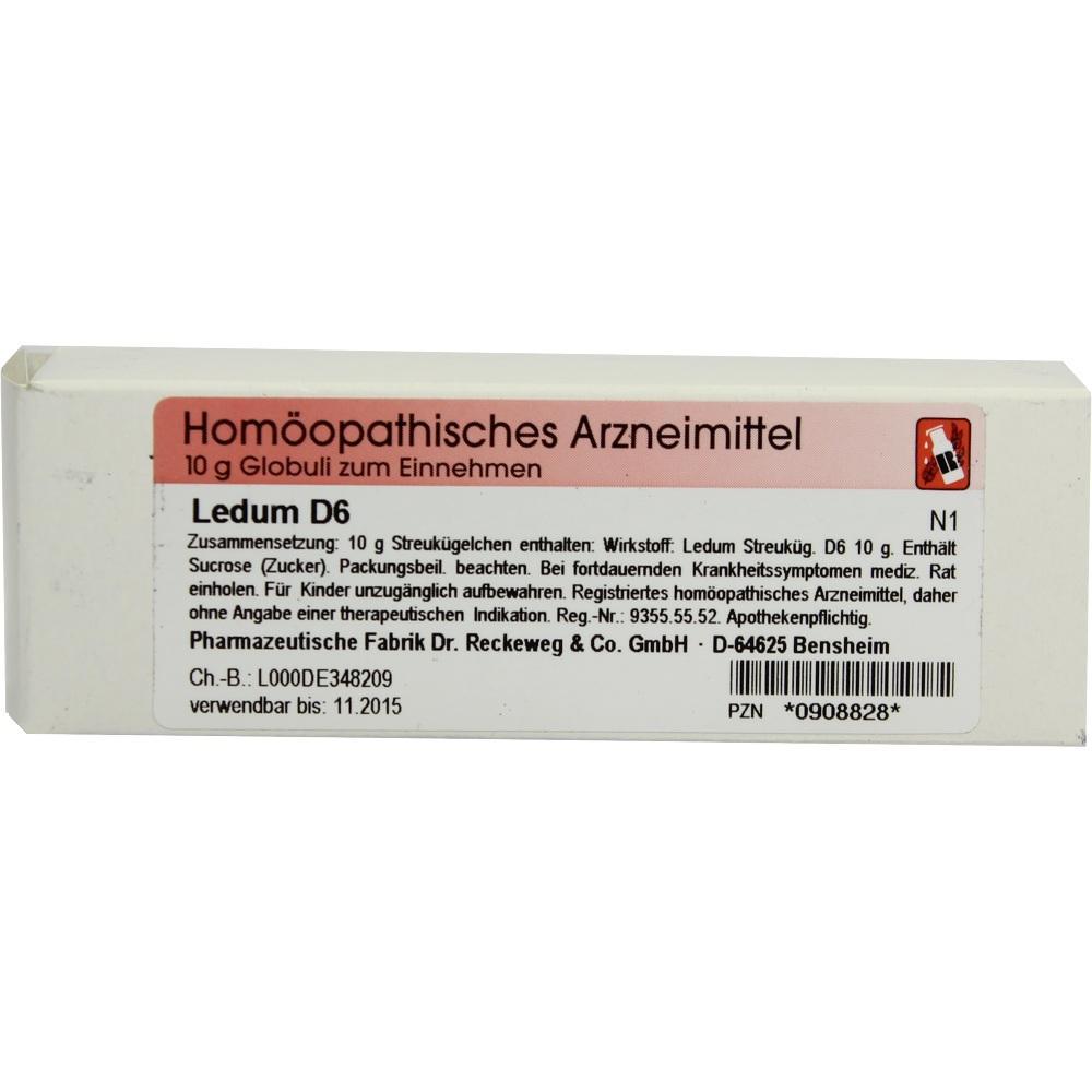 Eine Packung mit homöopathischen Globuli Ledum D6.