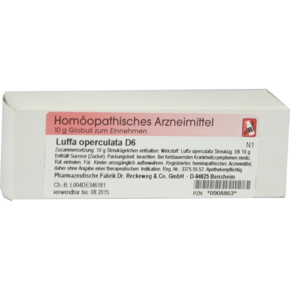 Weiße Verpackung mit einem Etikett für homöopathische Globuli Luffa operculata D6.