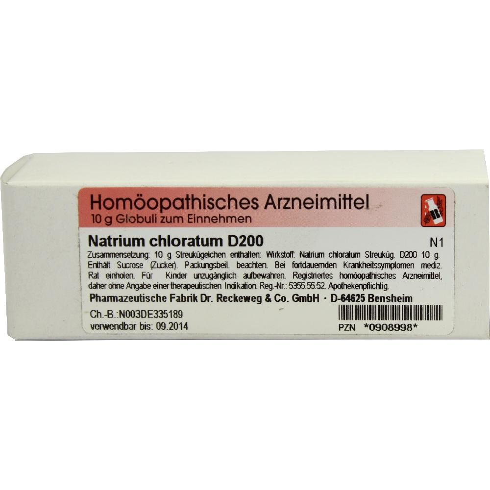 Eine Packung mit hom&ouml;opathischen K&uuml;gelchen namens Natrium chloratum D200.