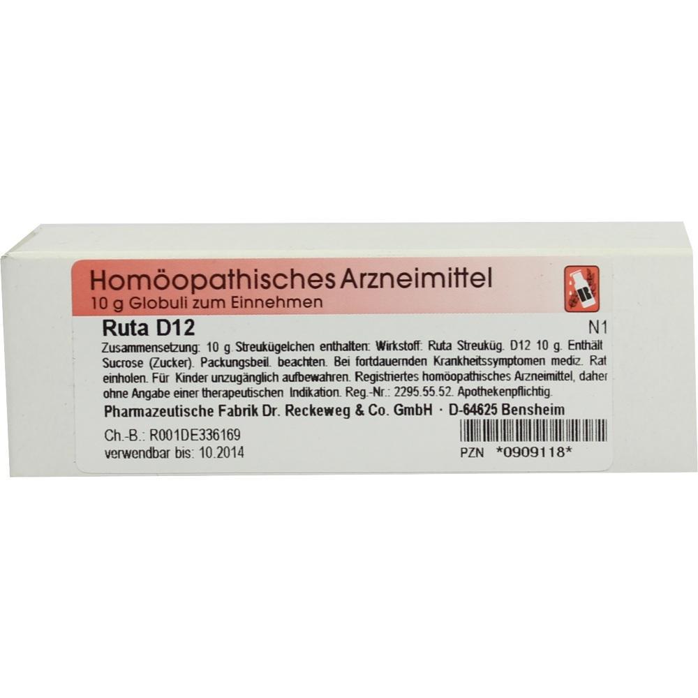 Eine Packung hom&ouml;opathischer Globuli mit der Aufschrift "Ruta D12".