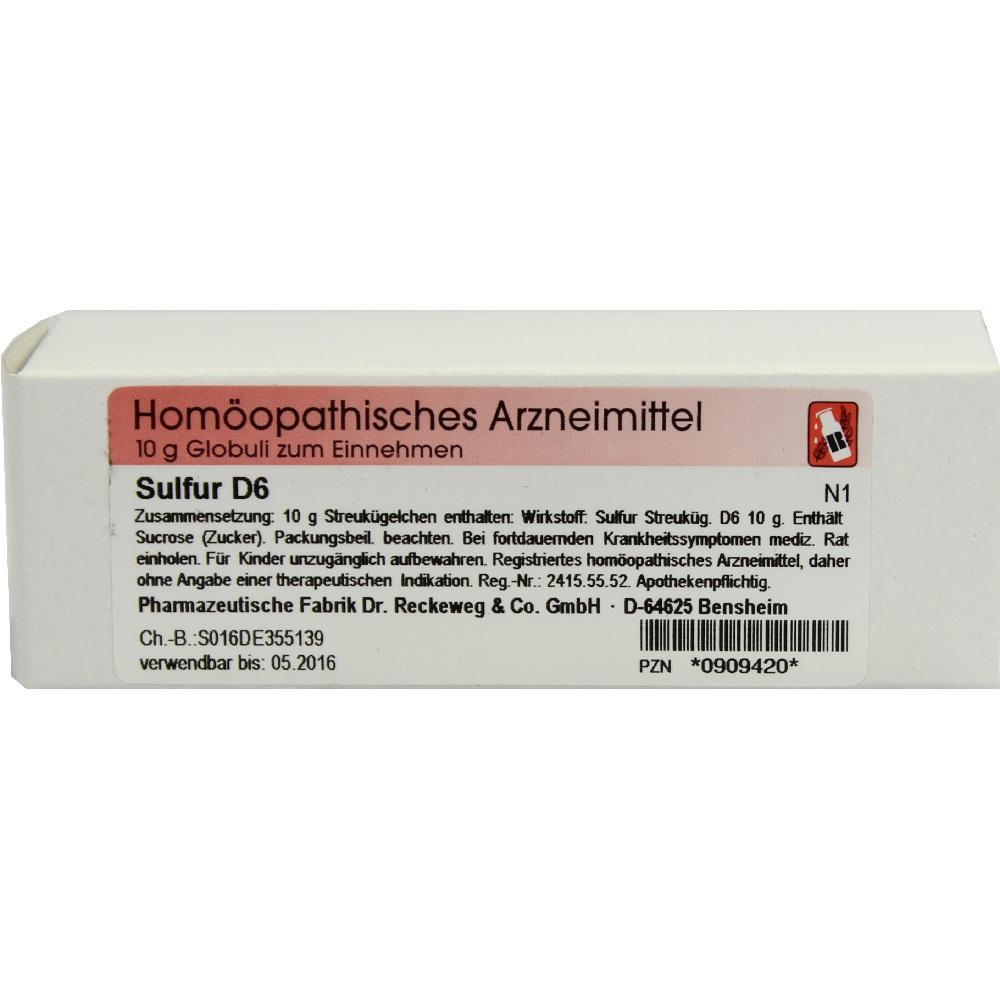 Wei&szlig;e Medikamentenverpackung f&uuml;r hom&ouml;opathische Globuli mit der Aufschrift "Sulfur D6".