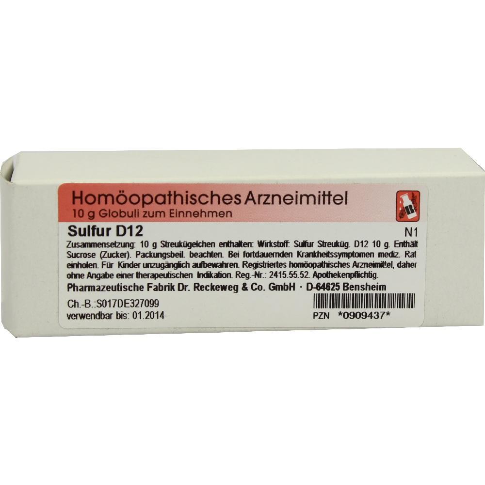 Eine Schachtel mit hom&ouml;opathischem Arzneimittel namens Sulfur D12.