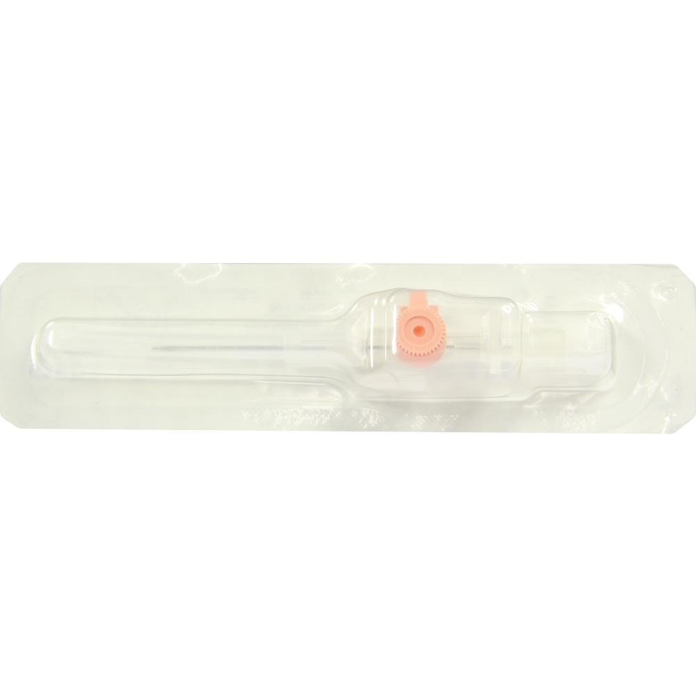 Transparenter, länglicher medizinischer Kunststoffbehälter mit orangem Verschluss in Plastikverpackung.