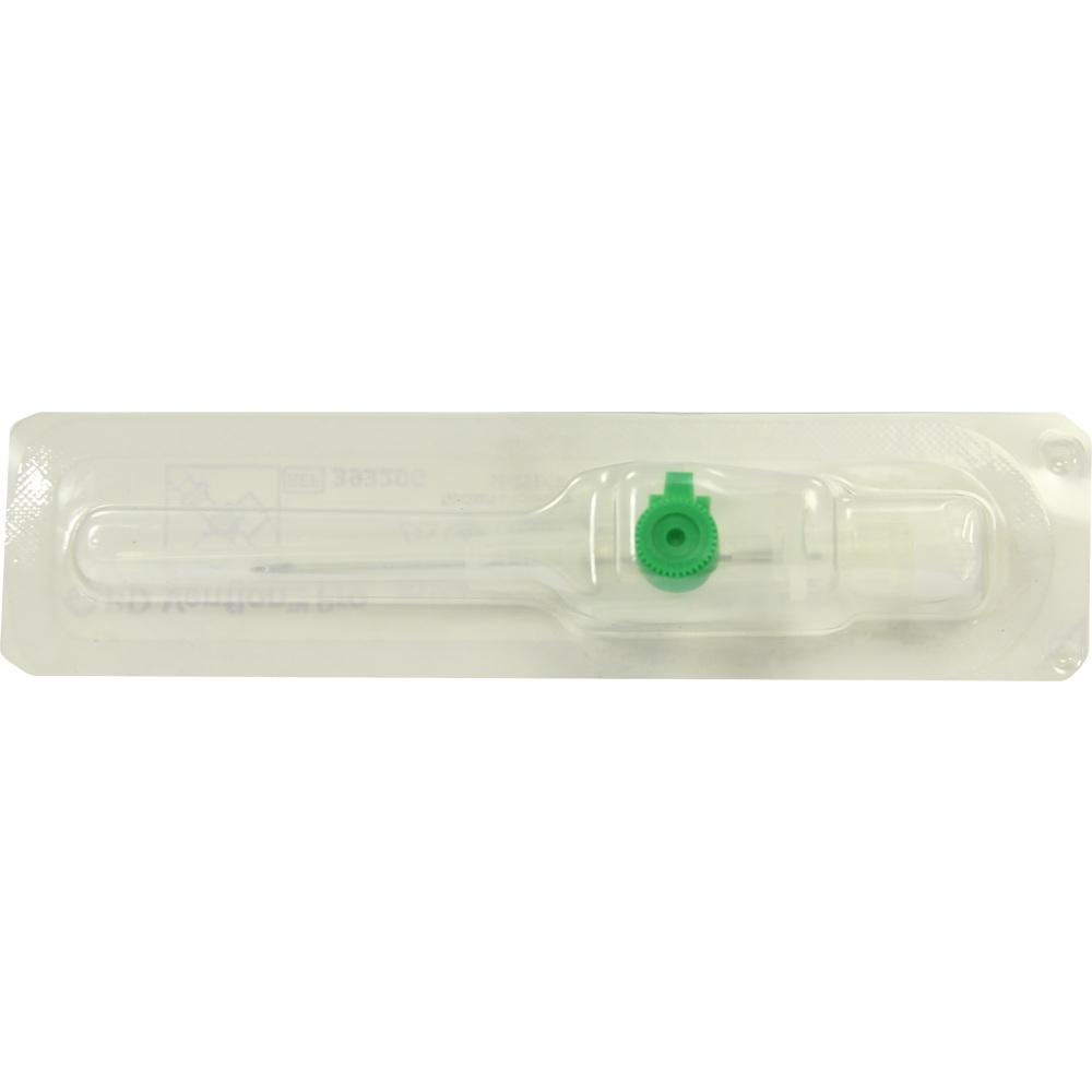 Ein verpackter medizinischer Katheter mit grünem Verschluss.