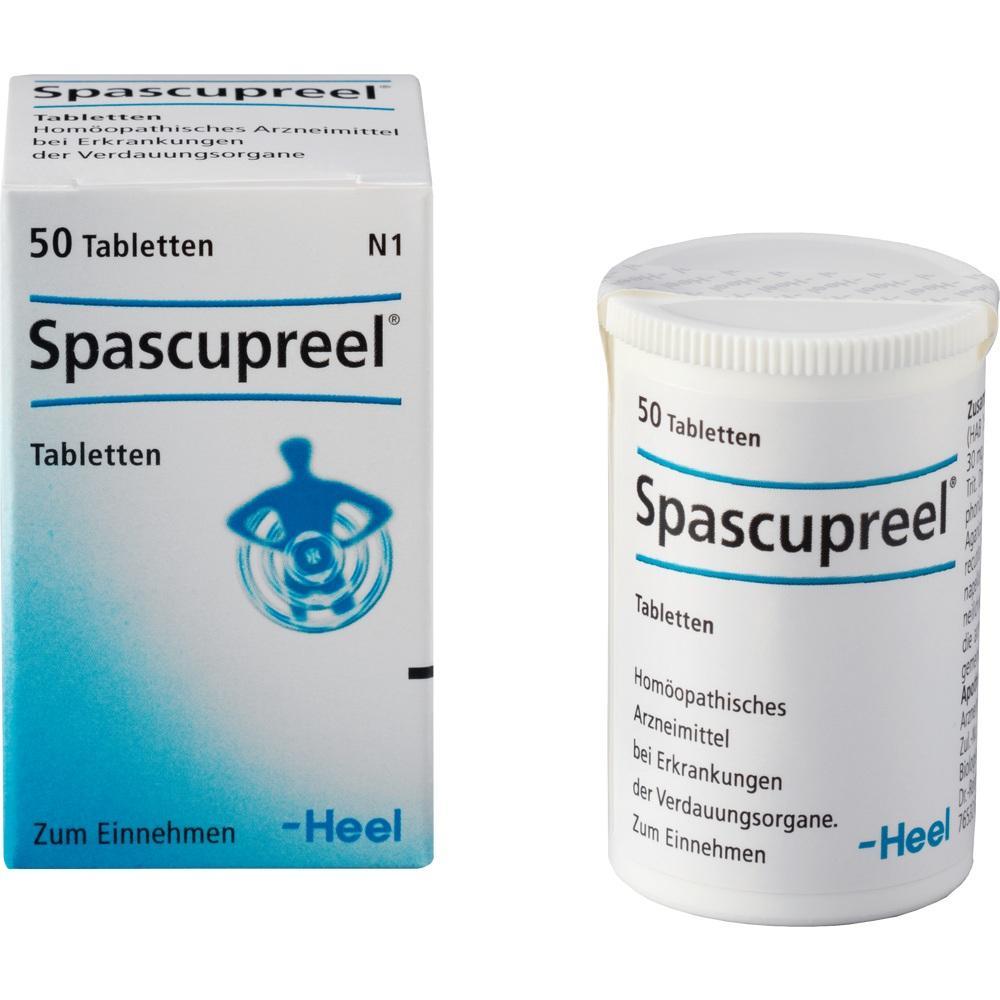 Eine Packung und ein Behälter mit Spascupreel-Tabletten stehen nebeneinander.