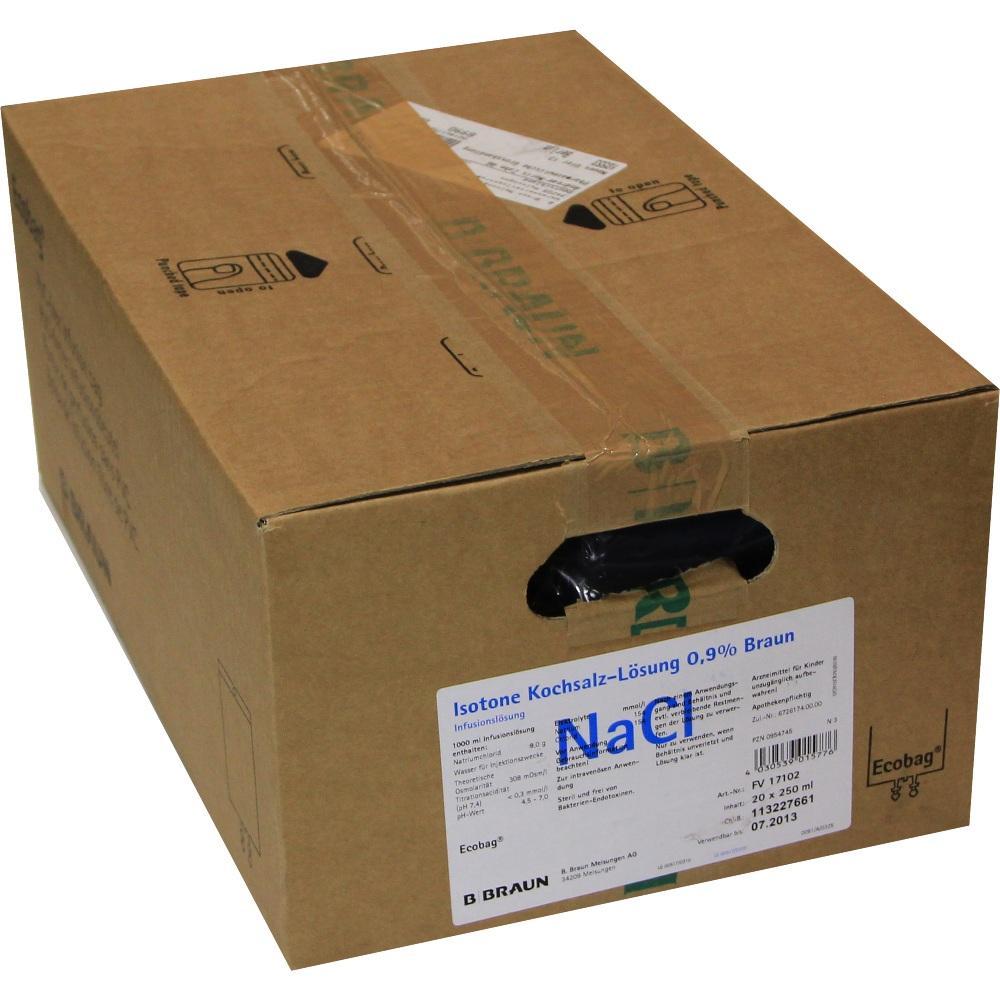 Ein brauner Karton mit einem Etikett f&uuml;r Kochsalzl&ouml;sung.