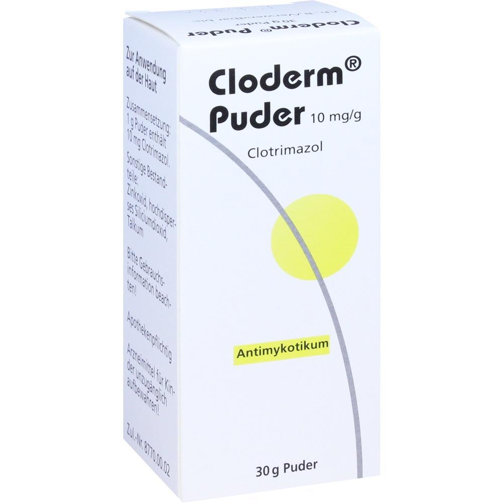 Wei&szlig;e Packung mit der Aufschrift "Cloderm Puder" und gelbem Kreis.