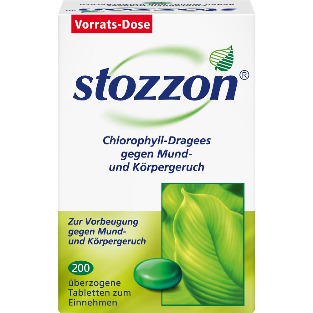 Weiße Schachtel mit Chlorophyll-Tabletten gegen Mund- und Körpergeruch, 200 Stück.