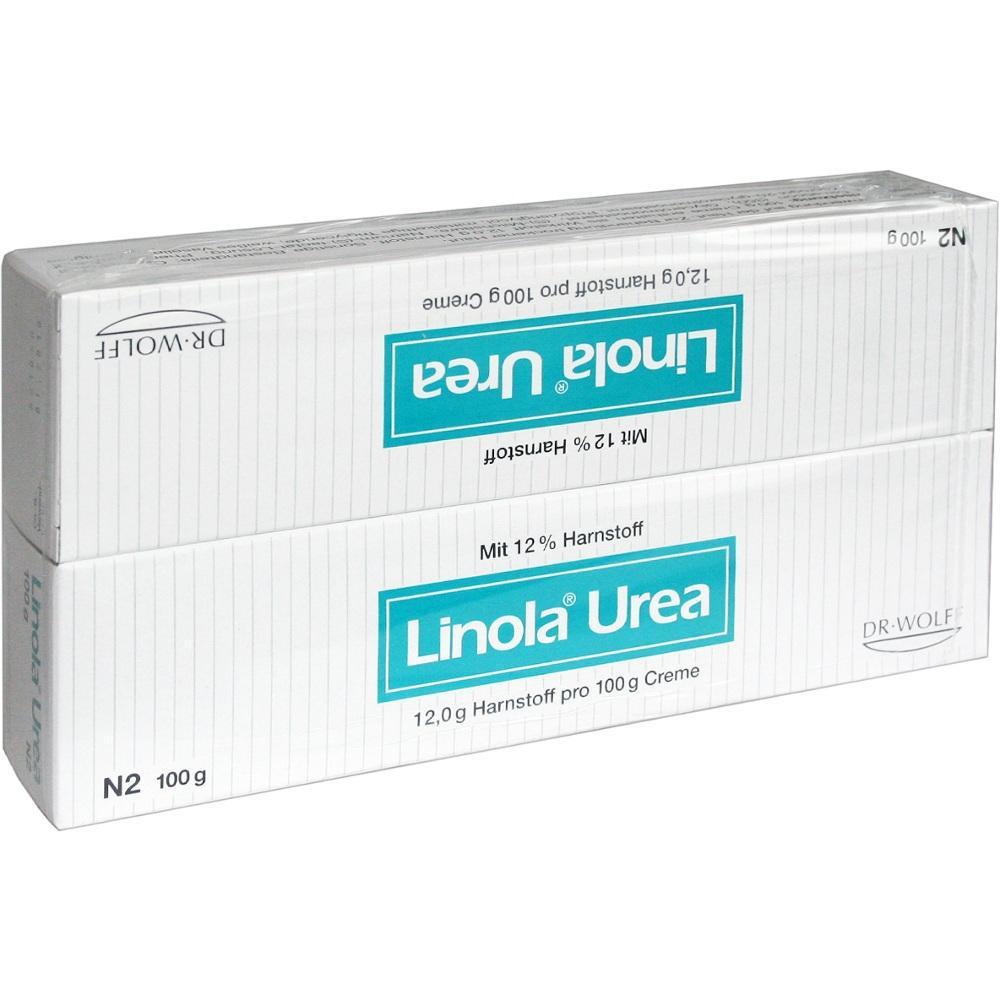 Wei&szlig;e Schachtel mit der Aufschrift "Linola Urea" und 12% Harnstoff.