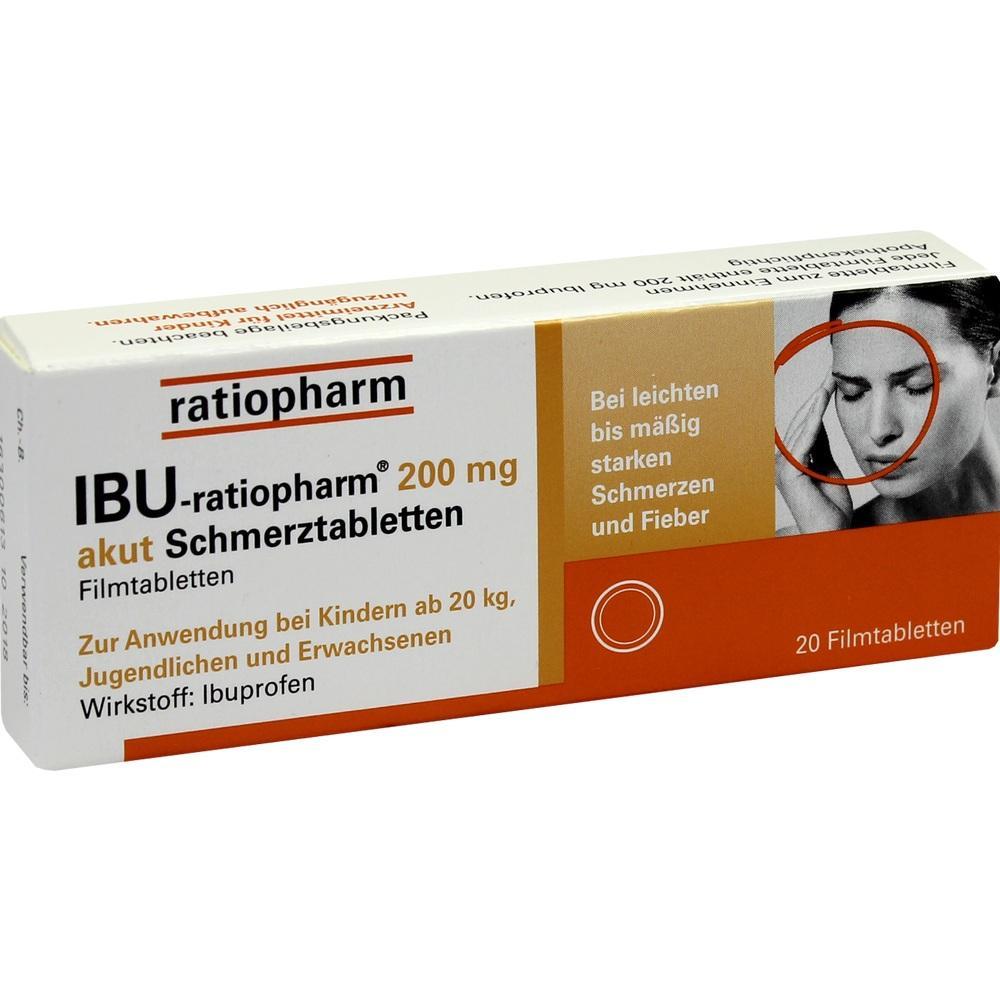 Eine Packung IBU-ratiopharm 200 mg Schmerztabletten mit Frau, die ihre Schläfe hält.