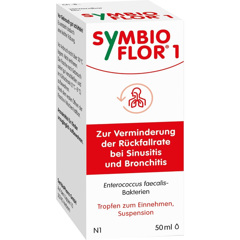 Weiße Verpackung der Symbioflor 1 Tropfen gegen Sinusitis und Bronchitis.