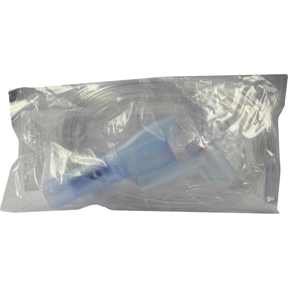 Ein verpacktes medizinisches Kunststoffteil mit Schläuchen.