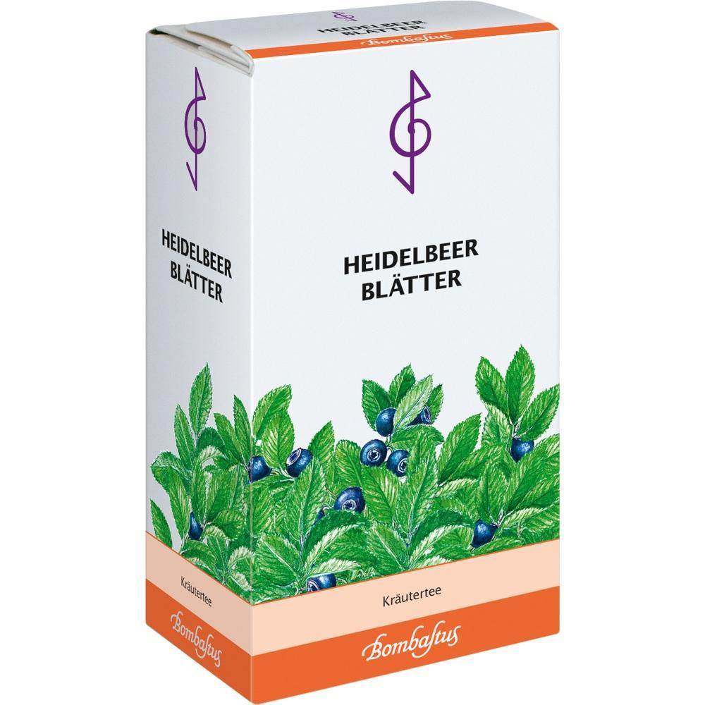 Eine Teepackung mit Heidelbeerblättern und grün-blauer Illustration auf der Vorderseite.