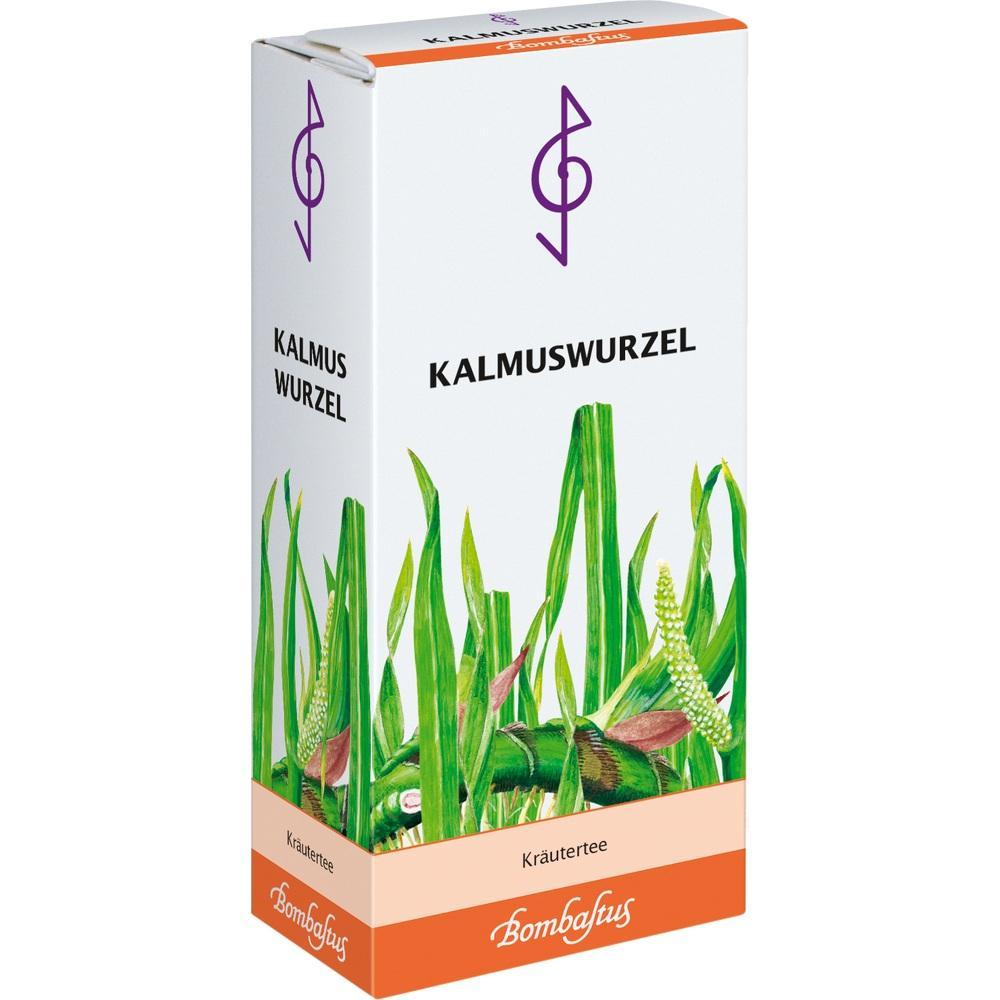 Eine Verpackung für Kräutertee mit der Aufschrift "Kalmuswurzel" und Pflanzenbild.