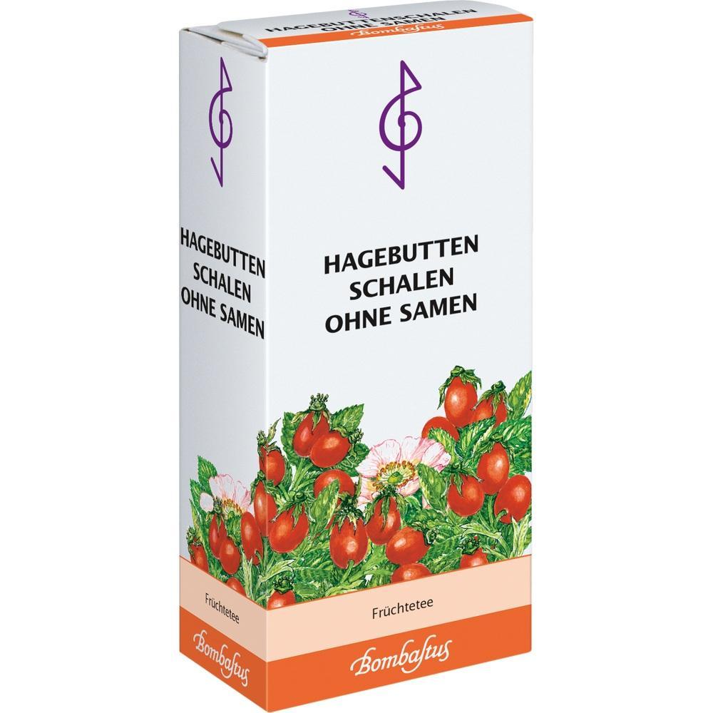 Eine Teepackung mit Hagebutten, ohne Samen, auf weißem Hintergrund.