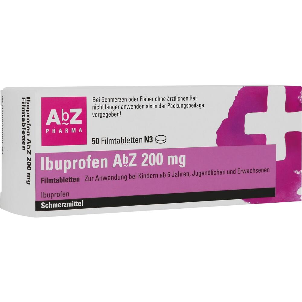Weiße Schachtel mit lila Aufdruck: Ibuprofen AbZ 200 mg Filmtabletten.