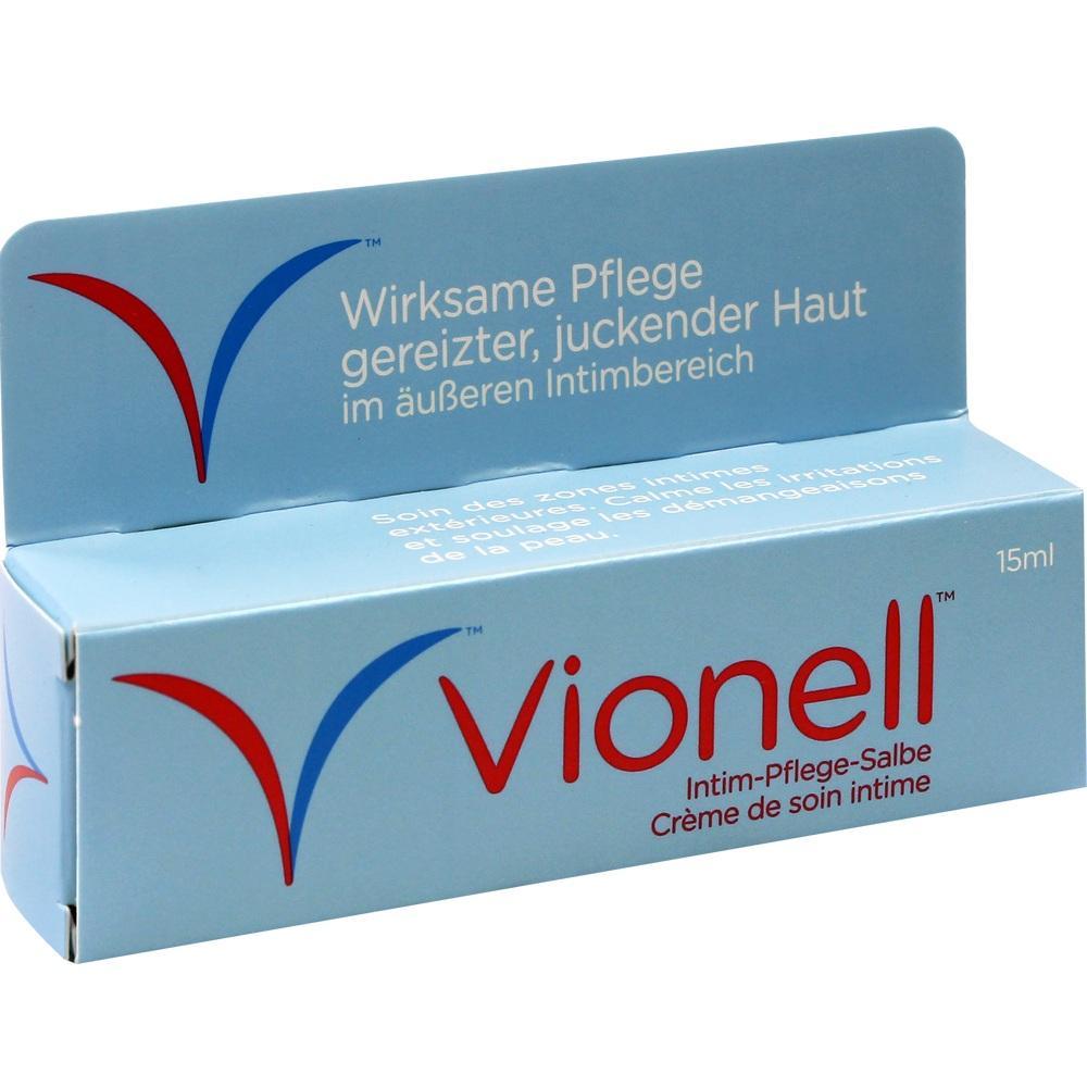 Eine blaue Schachtel mit Intim-Pflege-Salbe von Vionell.