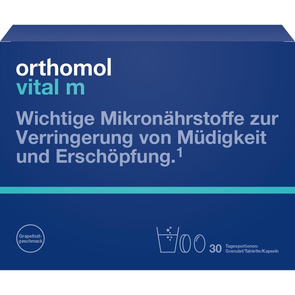 Blaue Box von Orthomol vital m mit Mikronährstoffen gegen Müdigkeit.
