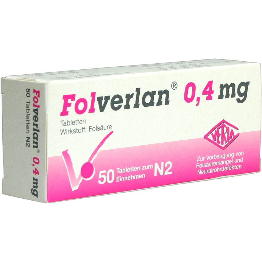 Eine Packung mit 50 Tabletten Folsäure, Folverlan 0,4 mg.