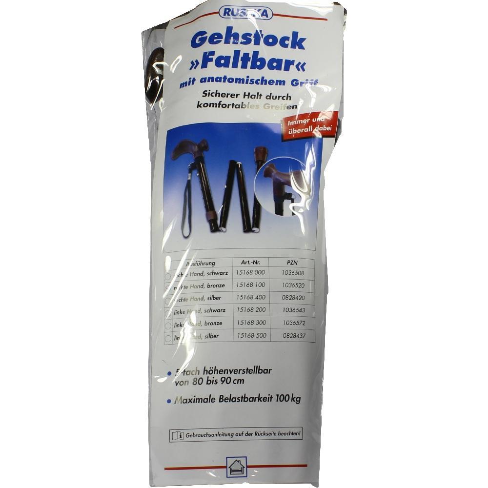 Verpackung eines faltbaren Gehstocks mit verschiedenen Farben und Höhenangaben.