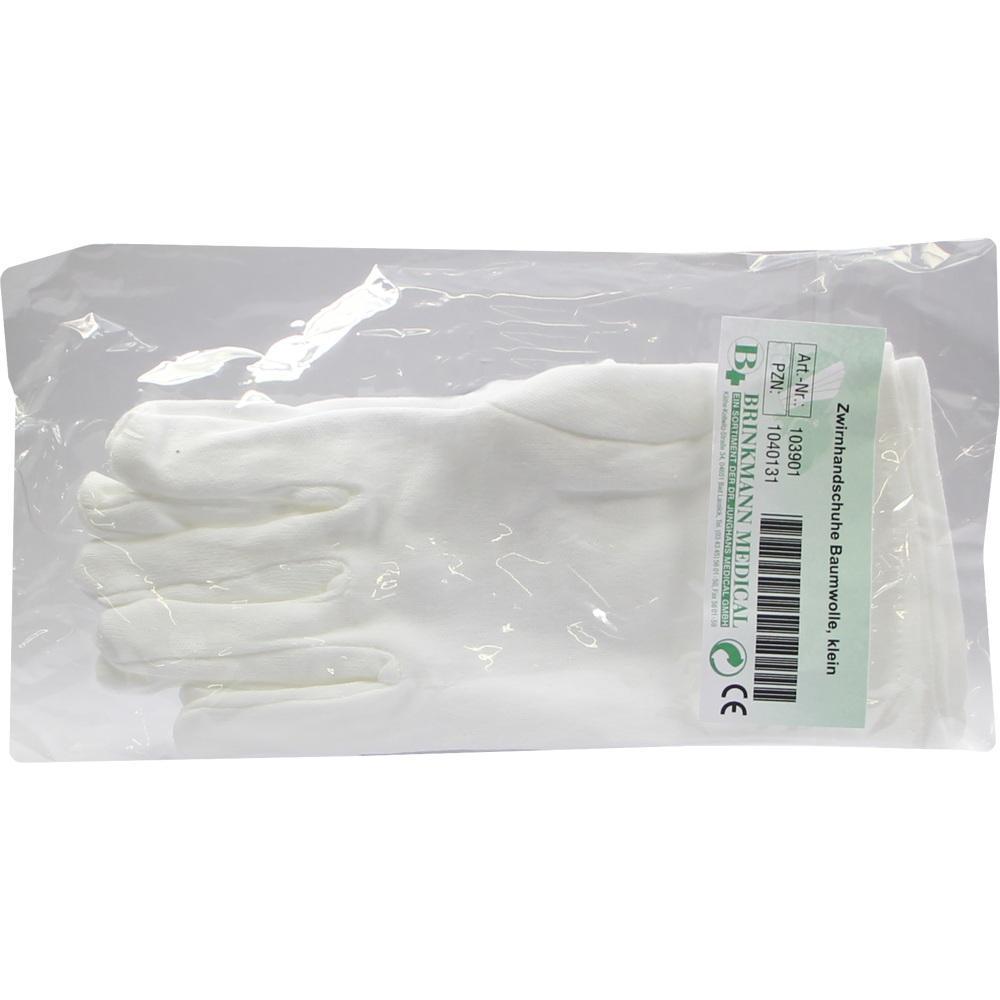 Ein Paar wei&szlig;e Baumwollhandschuhe in einer transparenten Verpackung.