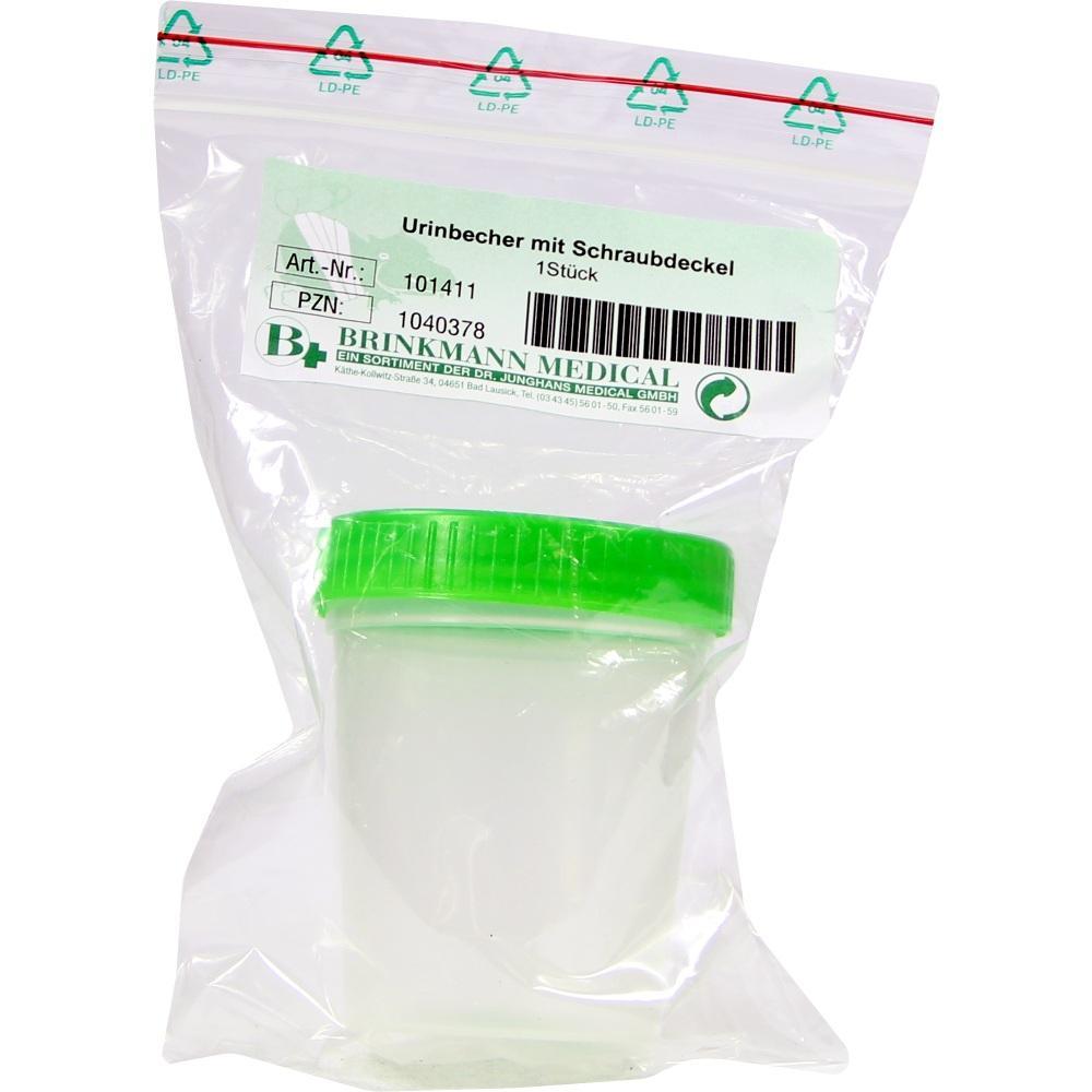 Ein Urinbecher mit gr&uuml;nem Schraubdeckel in einer Plastikverpackung.