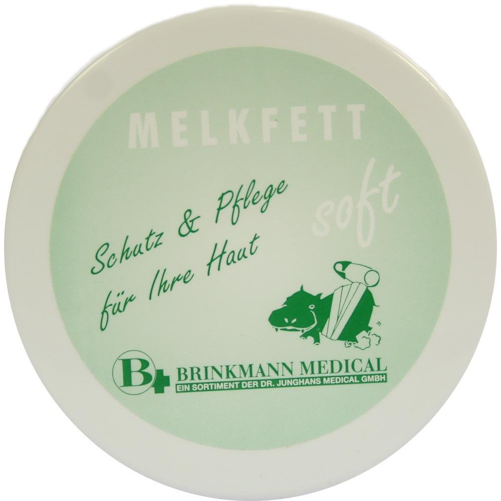 Runde Dose mit der Aufschrift &bdquo;Melkfett: Schutz und Pflege f&uuml;r Ihre Haut&ldquo;.
