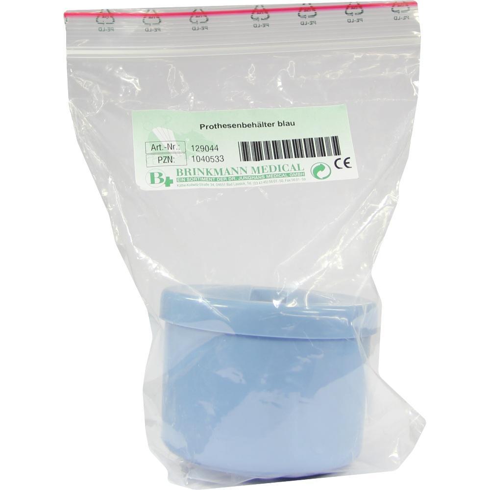 Blauer Prothesenbehälter in einer durchsichtigen Plastiktüte.