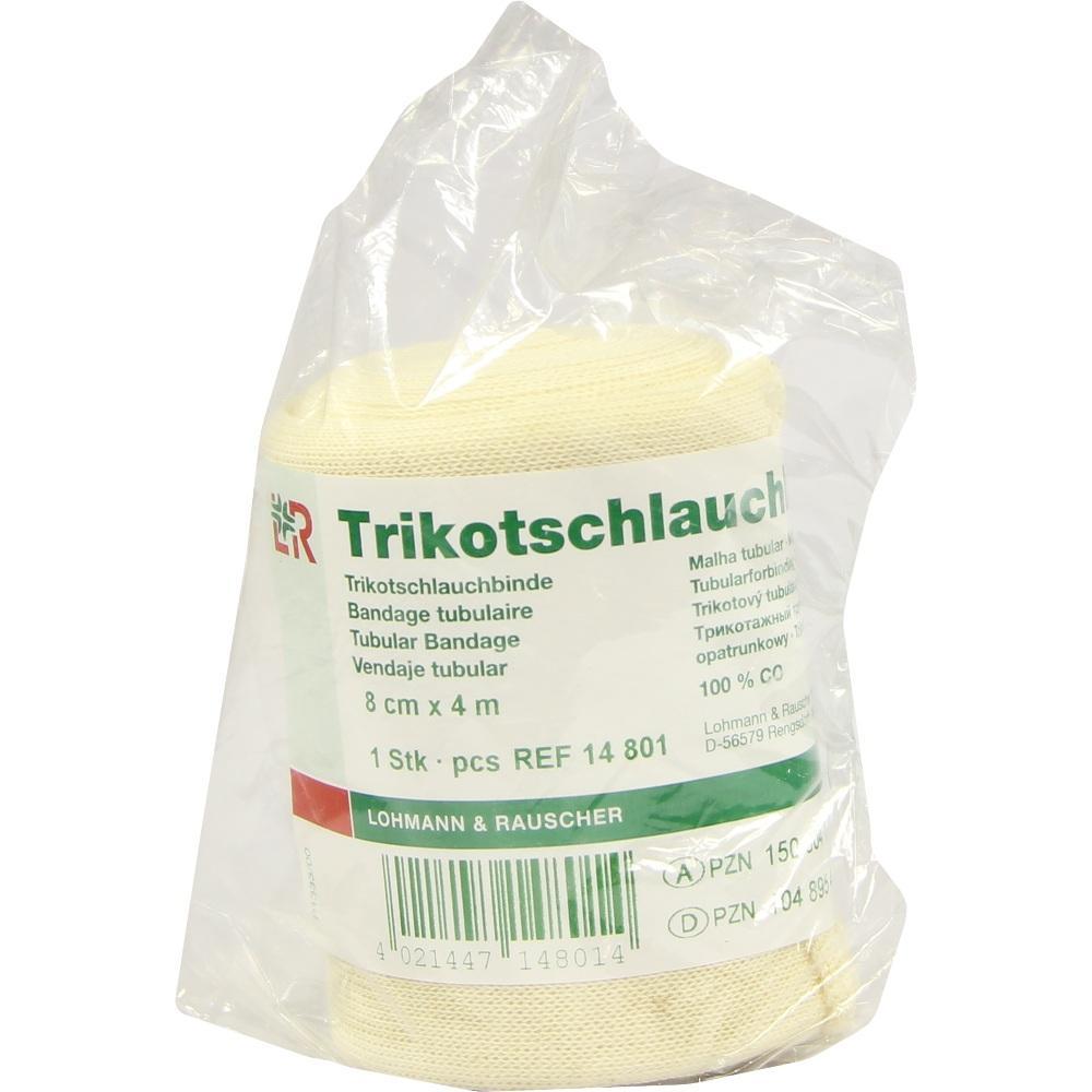 Eine verpackte, elastische Bandage namens "Trikotschlauch" in einem Klarsichtbeutel.